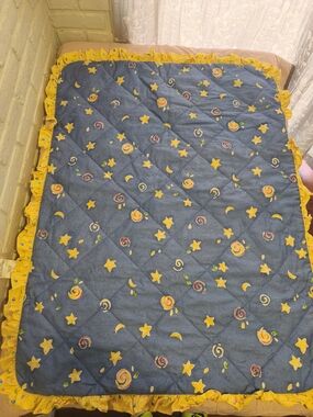 Blue Star & Floral Quilted Throw with Yellow Ruffle